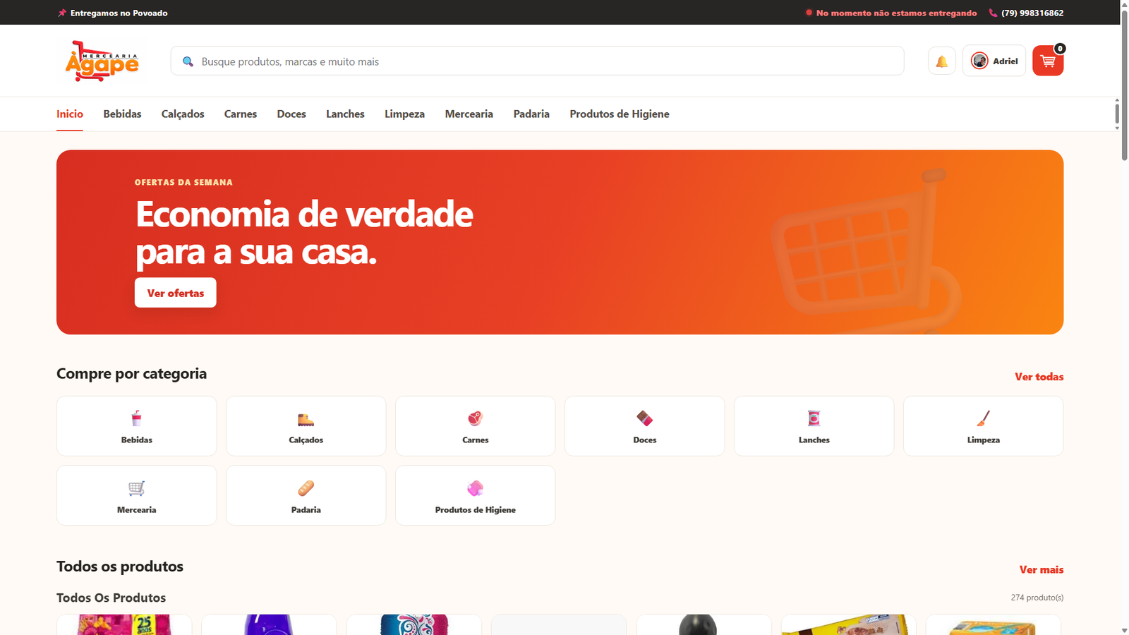 Página inicial real da Mercearia Ágape, com ofertas, categorias e catálogo de produtos